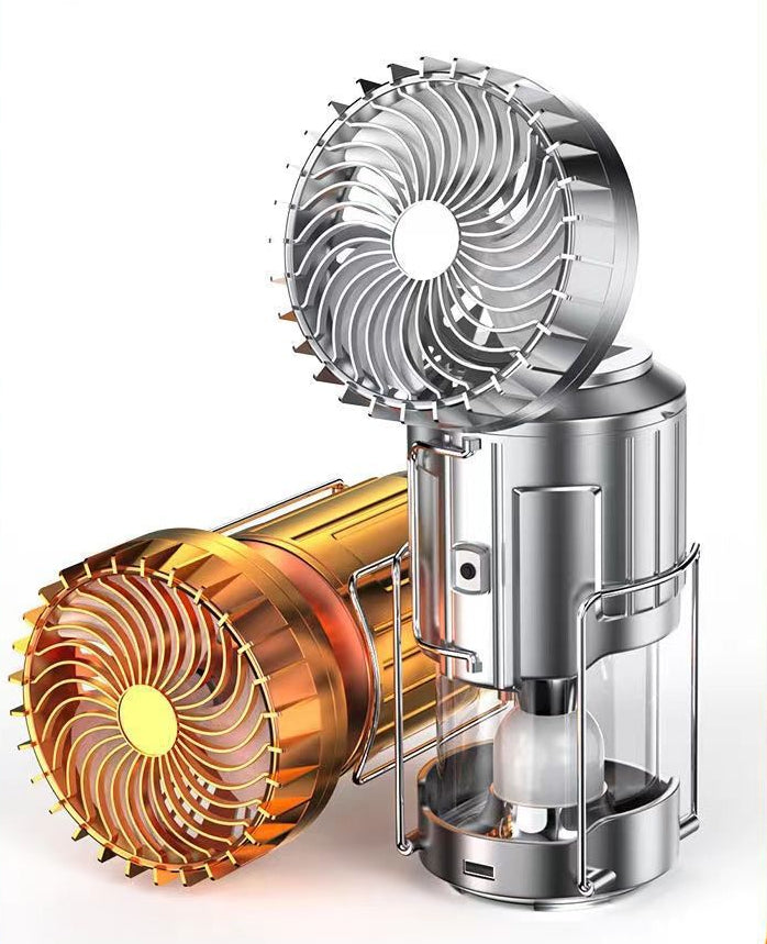 Outdoor lighting and cooling device with fans on a white background